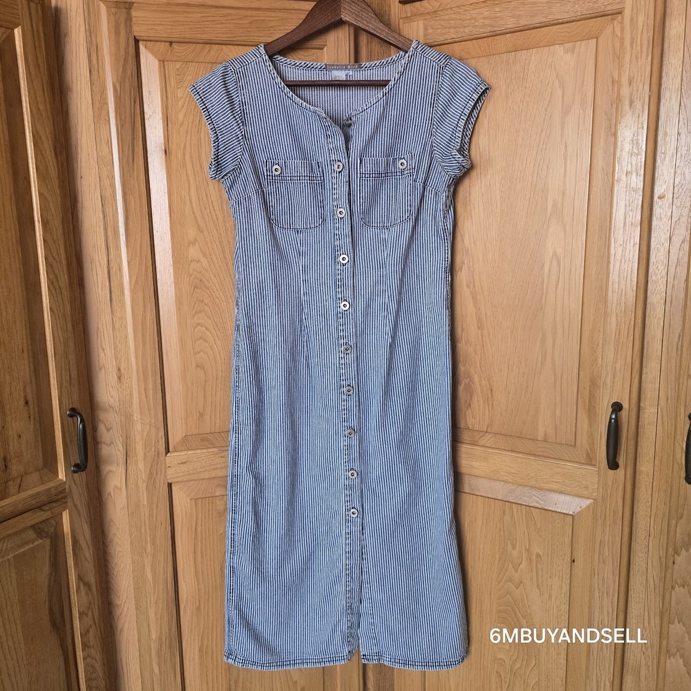 Isabella Bird Blue White Stripe Cotton Button Midi Dress‎ Petite 4P Sleeveless